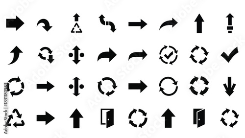 A collection of diverse black arrow and directional icons, including circular arrows, checkmarks, and doors, arranged in a grid.