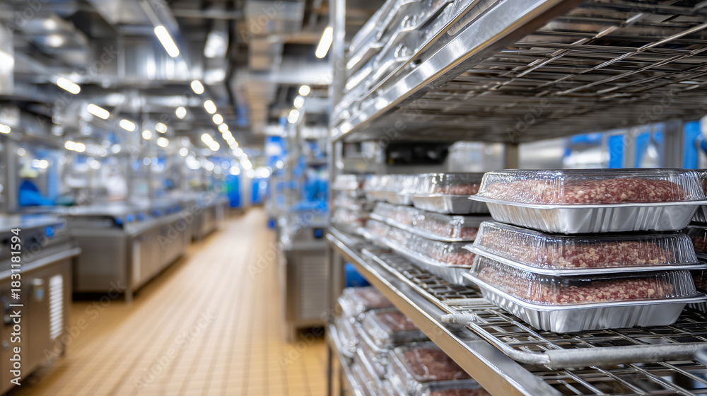 Naklejka premium Inside a brightly lit refrigerated meat factory, rows of neatly packed meat trays line stainless steel shelves, cool mist lingering in the air and frost edging the metal surfaces