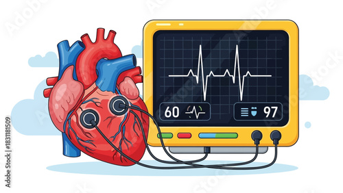 A human heart connected to a medical monitor displays a healthy electrocardiogram reading, symbolizing cardiac health and medical technology.