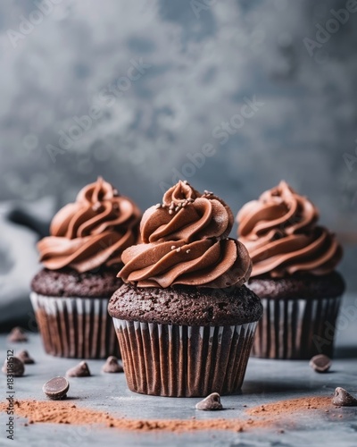 Indulge in a decadent chocolate cupcake adorned with luxurious creamy frosting for a sweet delight