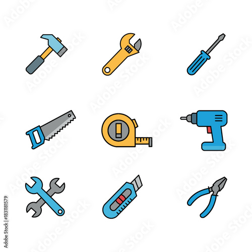 colorful flat construction and work tools icon set
