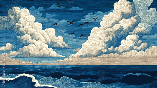 Serene Ocean Painting with Clouds in Background
