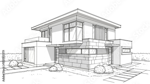 Vintage black and white architectural sketch of a residential house design project with detailed construction plan and facade drawing