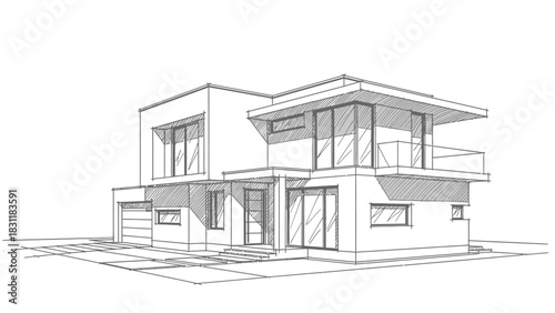 Architectural design drawing of a residential house exterior sketch and 3D model illustration