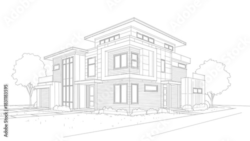 Vintage architectural sketch of a city street facade and house blueprint drawing illustration