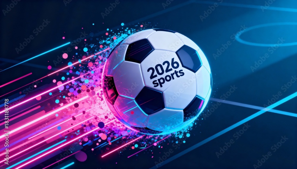 Naklejka premium Futuristic soccer ball with 2026 sports text and neon light trails for upcoming tournament