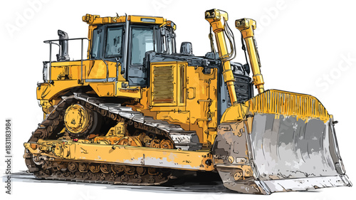 Bulldozer on White Background Vector with Outline - Professional Construction Equipment Illustration