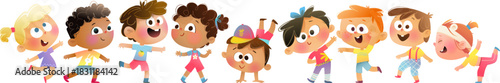 Colorful diverse multiracial group of children playing jumping and running. Cute little funny kids, joyful collection for entertaining and education. Vector children clipart collection.