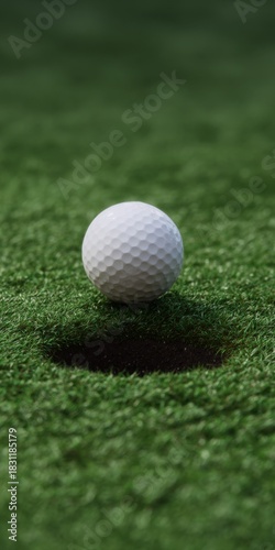 Golf ball hovering over hole on lush green grass