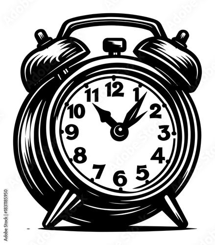 Retro Twin Bell Alarm Clock Showing Seven O’Clock – Classic Monochrome Line Art Vector Time Illustration