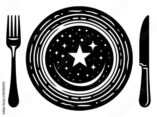 Cosmic Dinner Plate with Star and Crescent Moon Design and Cutlery – Surreal Monochrome Line Art Vector Food Illustration
