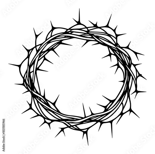 Crown of Thorns Circular Wreath – Powerful Monochrome Line Art Vector Christian Passion Symbol Illustration