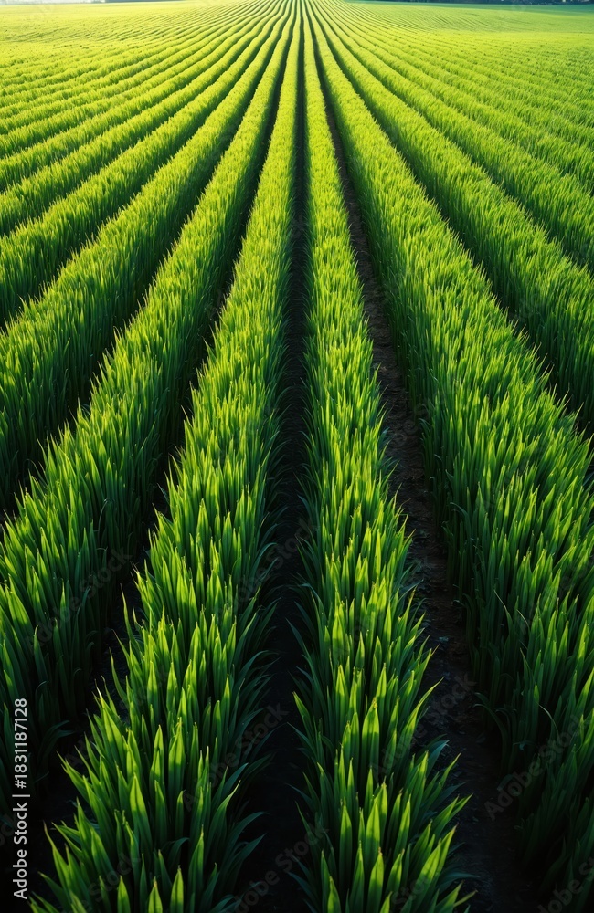 Fototapeta premium Vast green field with parallel rows of young crops. Lush plants grow under soft sunlight, creating stripes of light and shadow across the fertile land. Agriculture scene at dawn or dusk.