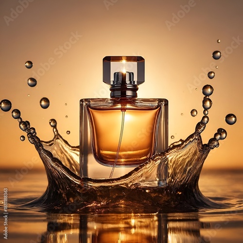 Glass perfume bottle splashing in water against sunset background  