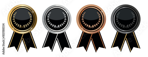 Premium winner medal badge collection with ribbon emblems in gold silver bronze and platinum