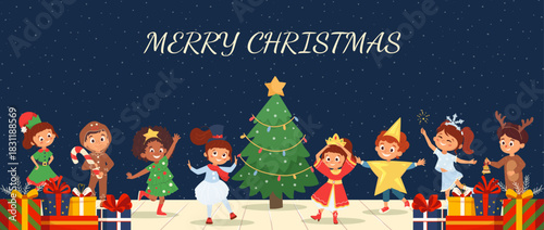Festive banner with cute cartoon children dancing in holiday costumes around Christmas tree, gifts. Bright winter celebration design for print, party invitation, flyer, banner. Merry Christmas cover
