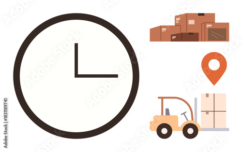 Clock representing time management, forklift moving goods, delivery packages, and location pin. Ideal for logistics, supply chain, distribution, warehouse management, planning punctuality simple