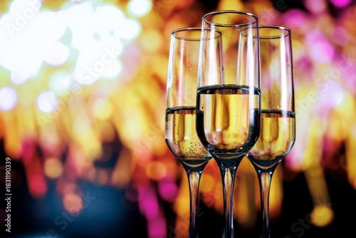 Two glasses of champagne against a backdrop of fireworks. 