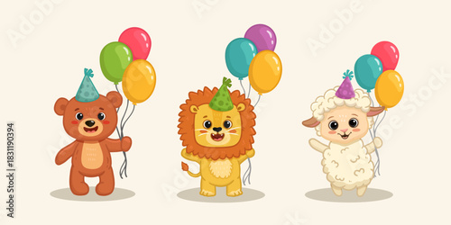 Set of cute cartoon animals with birthday decoration.Teddy bear, lion,sheep with balloons. Animal in flat style for greeting card, books, aktivity page, happy birthday postcard. Vector illustration