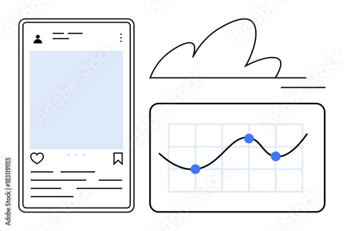 Smartphone social media post interface next to a data analytics line chart. Ideal for digital marketing, data analysis, social media strategy, engagement tracking, tech solutions, cloud data, simple