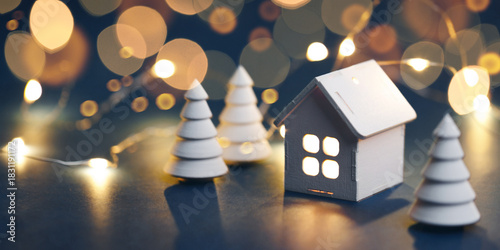 Christmas decorations with garland on dark background