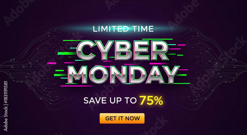 Digital image promoting Cyber Monday. Metallic text with green and pink accents, on a dark circuit board background. Shows sale and promotion concept