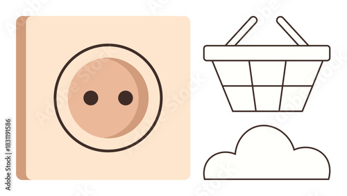 Power outlet for energy, shopping basket for e-commerce, cloud symbolizing storage or online access. Ideal for energy, commerce, connectivity, technology, online storage, digital consumption simple
