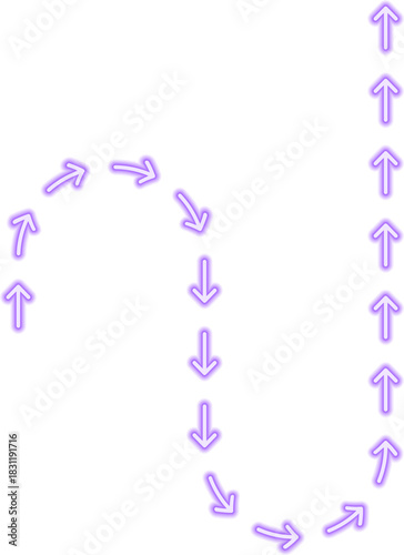 Irregular arrow pattern moves through labyrinth turns joined by squared wave motion creating a varied neon contour.