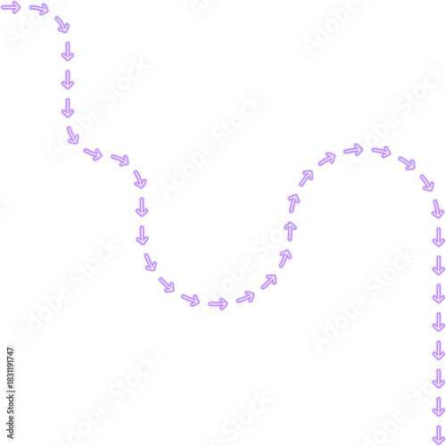 Extended arrow route incorporates squared path segments forming an elongated neon directional contour.