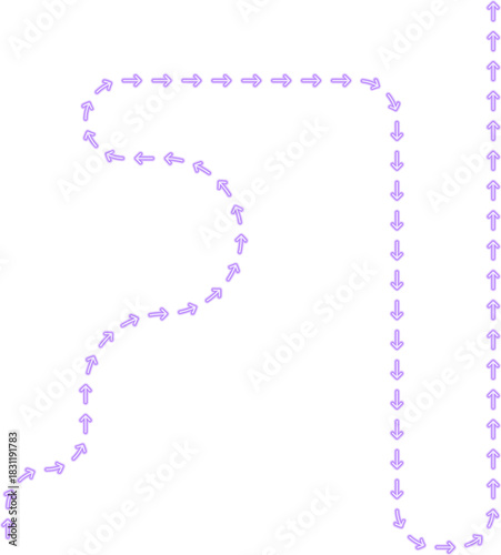 Arrow path moves through irregular squared turns creating a varied neon directional contour.