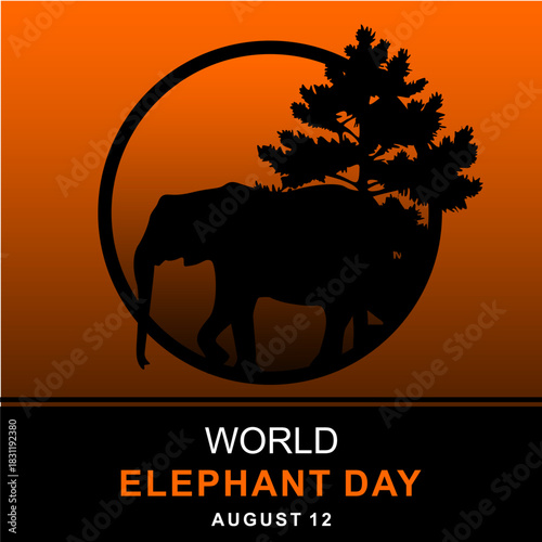 World Elephant Day August 12 vector illustration promoting elephant conservation and awareness with silhouette.