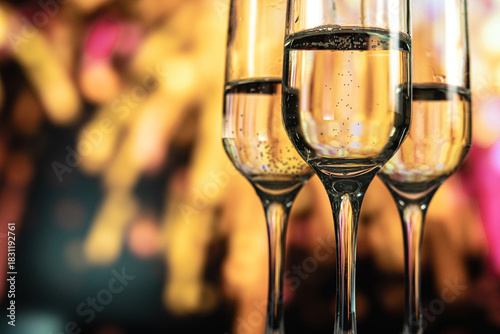 Two glasses of champagne against a backdrop of fireworks