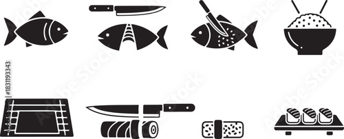 Sushi Making and Ingredients Icons: Fish, Knives, Rice, and Rolls