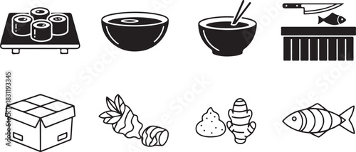 Japanese Food Icons: Sushi, Soup, Fish, Ginger, and Packaging