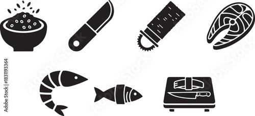 Sushi ingredients and preparation tools icons: rice, knife, grater, fish, shrimp, cutting board