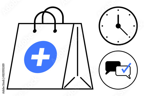 Shopping bag with a healthcare cross, clock representing time, and chat bubbles with a check mark. Ideal for online health services, telemedicine, pharmacy delivery, medical consultations, time