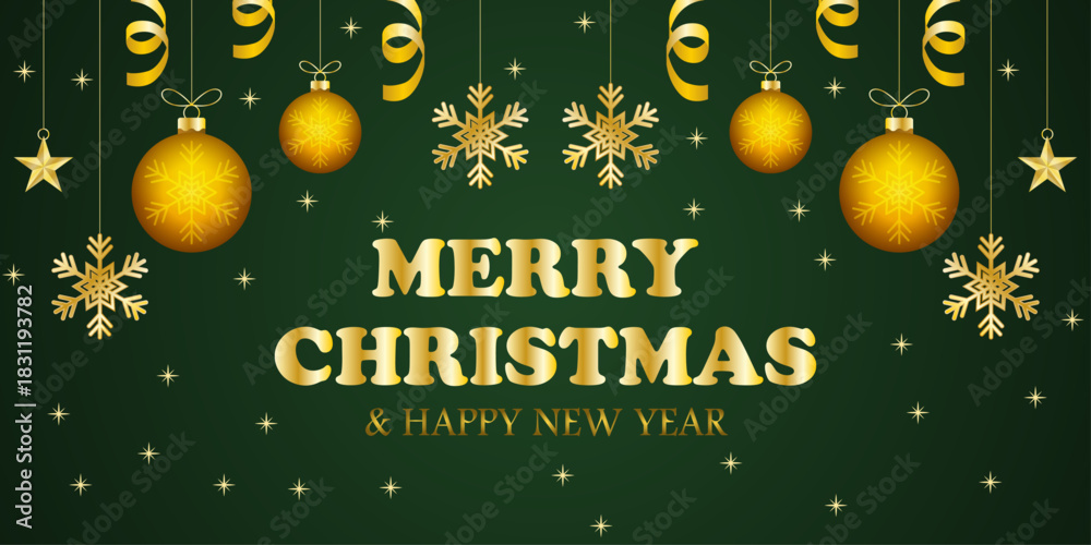 Obraz premium Elegante banner navideño de feliz navidad y próspero año nuevo con decoración dorada sobre fondo verde