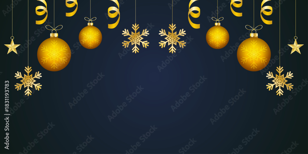 Obraz premium Banner festivo de navidad con esferas y copos de nieve dorados colgando sobre fondo azul profundo