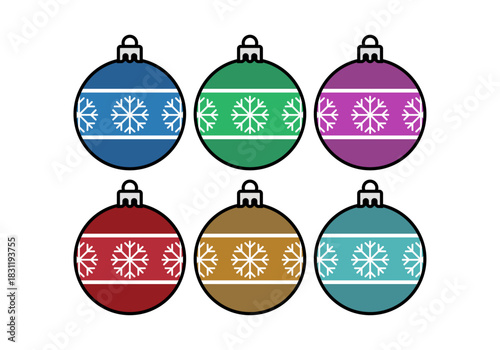 Colección de adornos navideños de colores con franja estampada de nieve en vector