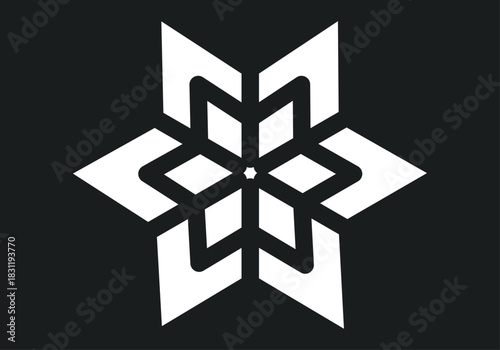 Icono geométrico blanco de copo de nieve o estrella sobre un fondo negro para diseño minimalista