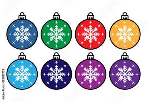 Colección de bolas de navidad con patrón de copo de nieve en varios colores y estilo plano