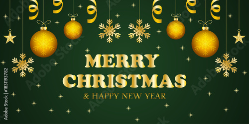 Elegante banner navideño de feliz navidad y próspero año nuevo con decoración dorada sobre fondo verde