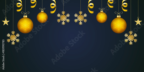 Banner festivo de navidad con esferas y copos de nieve dorados colgando sobre fondo azul profundo
