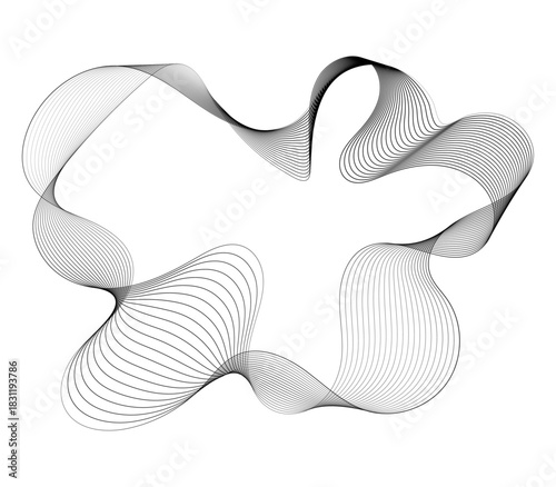 Forma abstracta fluida de líneas minimalistas en escala de grises sobre fondo blanco para diseño