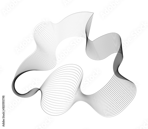 Forma abstracta fluida de líneas minimalistas en escala de grises sobre fondo blanco para diseño