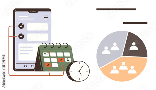 Smartphone with checklist, calendar with marked dates, clock, and segmented pie chart representing teamwork. Ideal for planning, productivity, organization, time management, collaboration