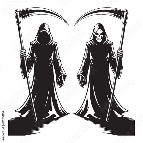 Two grim reapers with scythes isolated on a white background