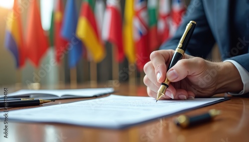 Person signs document with pen on wooden table. International flags in blurred background symbolize global agreements. Business contract signing process involves handwriting. Partnership negotiation