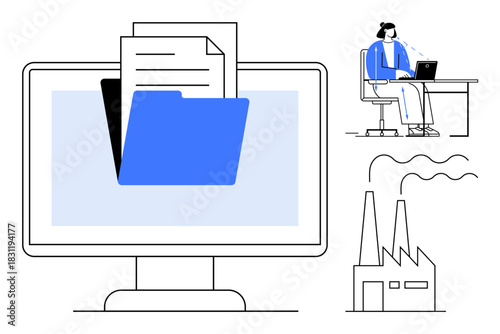 File management concept. Centralized file systems link efficiency in industries to remote workflows. File management supports data organization across business, industrial, and remote settings. Great