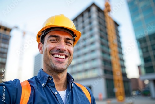 Construction Worker Capturing Selfie with Jobsite in Background.